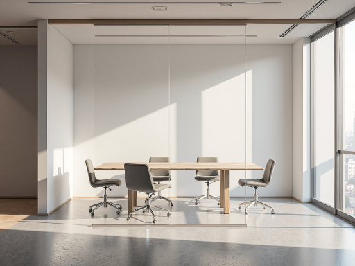 现代办公环境，宽敞明亮的会议室，员工在讨论工作，白色墙壁配木质家具，营造专业氛围